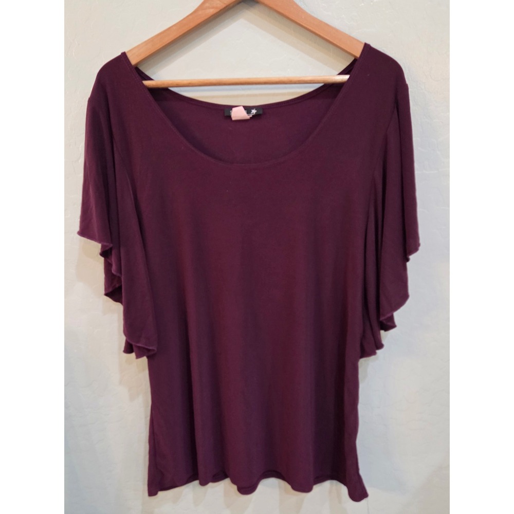 Star Vixen Burgundy Flutter Sleeve Blouse Scoop Neck Ruffle Top Large 7549-IT